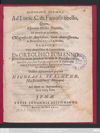 Disputatio Iuridica Ad l. unic. C. de Famosis libellis