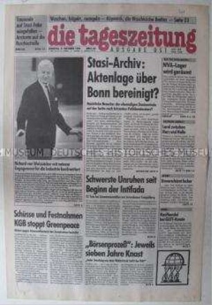 Fragment der Ost-Ausgabe der "tageszeitung" u.a. mit einem Interview mit Joachim Gauck über den Umgang mit den Stasi-Akten