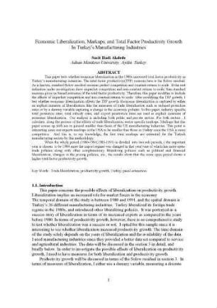 Economic Liberalization, Markups, and Total Factor Productivity Growth in Turkey's Manufacturing Industries