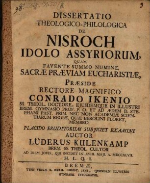 Dissertatio theologico-philologica De Nisroch, idolo Assyriorum