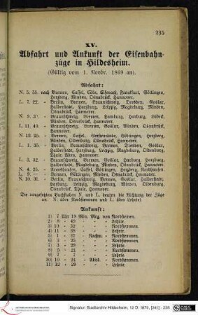 XV. Abfahrt und Ankunft der Eisenbahnzüge in Hildesheim.