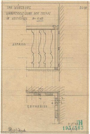 Fischer, Theodor; Würzburg, Münsterplatz; Sparkasse - Wandverkleidung der Treppe im Westflügel (Grundriss, Aufriss)