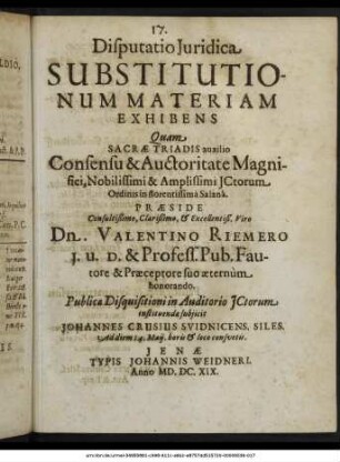 Disputatio Iuridica Substitutionum Materiam Exhibens
