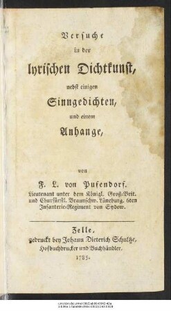 Versuche in der lyrischen Dichtkunst : nebst einigen Sinngedichten, und einem Anhange