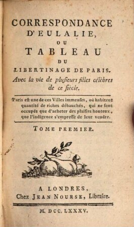 Correspondance d'Eulalie ou tableau du libertinage de Paris. T. 1