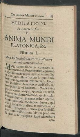 Meditatio XI. In Exerc. VI. s. 2. De Anima Mundi Platonica, &c