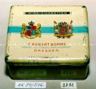 Blechdose für 50? Stück "KIOS-CIGARETTEN E.ROBERT BÖHME, DRESDEN" (Abbildung zweier gekrönter Wappen)