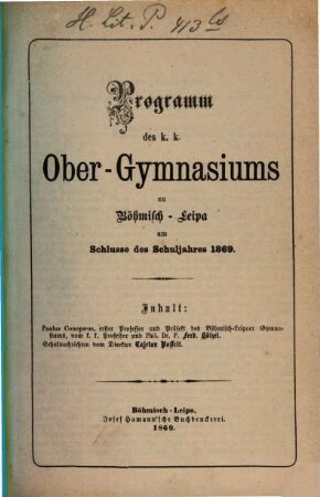 Programm des K.K. Ober-Gymnasiums in Böhm.-Leipa, 1869