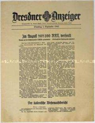 Nachrichtenblatt "Dresdner Anzeiger" mit Meldungen des Oberkommandos der Wehrmacht und des italienischen Oberkommandos u.a. zur Schlacht um Stalingrad