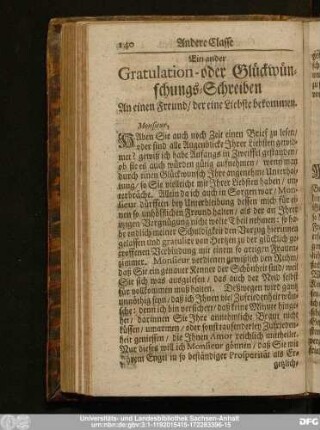 Ein ander Gratulation- oder Glückwünschungs-Schreiben An einen Freund, der eine Liebste bekommen.