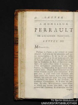 A Monsieur Perault de l'academie Françoise. Lettre III.
