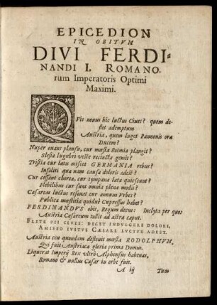 Epicedion In Obitum Divi Ferdinandi I. Romanorum Imperatoris Optimi Maximi.