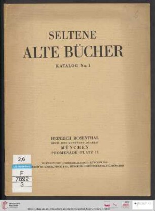 Nr.1: Katalog: Seltene alte Bücher