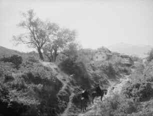 Zwei Reiter : Zwei Reiter auf einem Weg vor einem Dorf