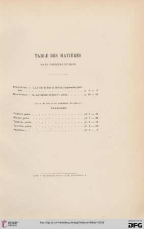 Table des matières de la première division