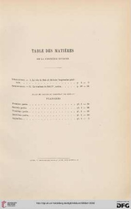 Table des matières de la première division