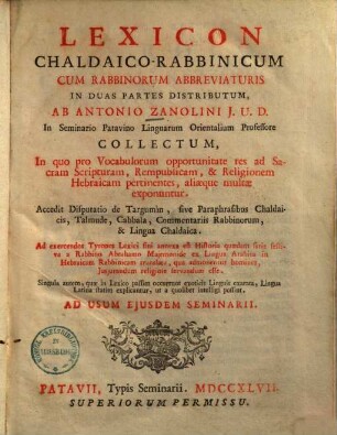Lexicon chaldaico-rabbinicum : cum Rabbinorum abbreviaturis in duas partes partes distributum
