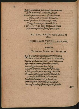 Ad Troianum Mullerum alius. Lenis Sum Vultus, Rarior Astu.
