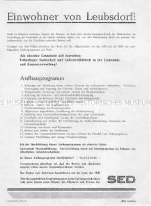Aufbauprogramm der SED in Leubsdorf zu den Gemeindewahlen 1946; Aufruf zur Wahl der Liste der Partei