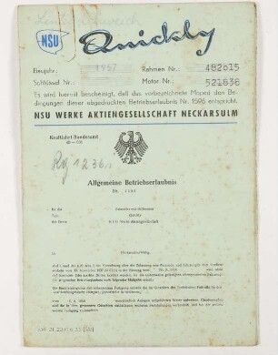 NSU Quickly - Betriebserlaubnis