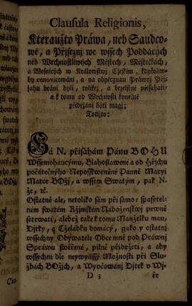Clausula Religionis, kterauzto Práwa,[...]