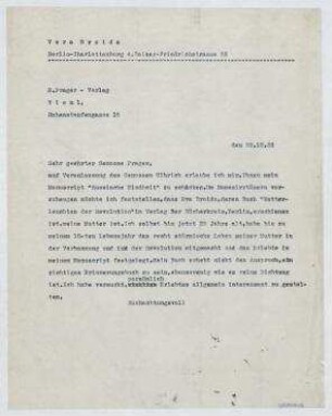 Brief von Vera Broido an E. Prager-Verlag / E. Prager. Berlin