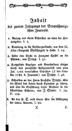 Inhalt des zweiten Jahrgangs des Braunschweigischen Journals