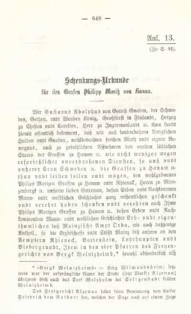 Anl. 13. Schenkungs-Urkunde für den Grafen Philipp Moritz von Hanau.