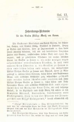 Anl. 13. Schenkungs-Urkunde für den Grafen Philipp Moritz von Hanau.