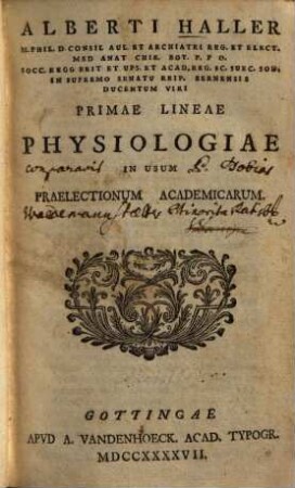 Alberti Haller Primae lineae physiologiae : in usum praelectionum academicarum