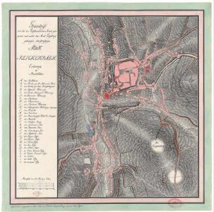 Grundriss der Stadt Reichenbach/Vogtland, ca. 1:3 000, Handzeichnung, 1793 : Grundriß von der im Voigtländischen Kreise gelegenen und unter das Amt Voigtsberg gehörigen, schriftsaeßigen Stadt Reichenbach / aufgenommen und gezeichnet im Jahr 1793 von Friedrich August Heinze Ingenieur Unter Officier. - [Ca. 1:3 000]. - [S.l.] , 1793. - 1 Kt. : mehrfarb. , 39 x 49 cm