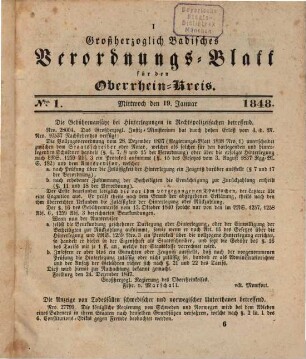 Großherzoglich badisches Verordnungsblatt für den Oberrhein-Kreis. 1848