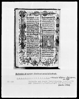 Missale Wilhelms von Reichenau: Initiale mit Mariä Verkündigung Randleiste mit Ornamentik, Vögeln, Engel und Propheten