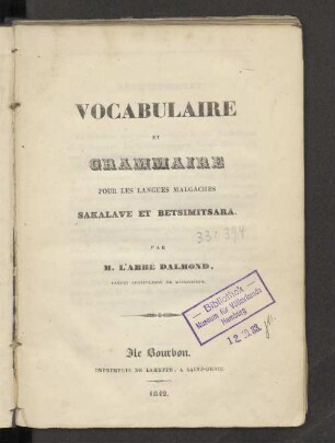 Vocabulaire et Grammaire pour les langues malgaches Sakalave et Betsimitsara