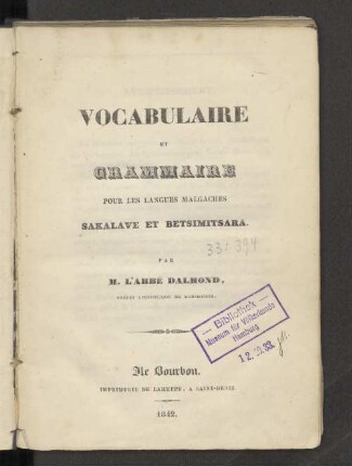 Vocabulaire et Grammaire pour les langues malgaches Sakalave et Betsimitsara