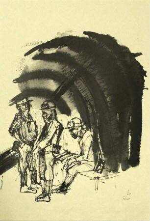 Druckgrafik einer Tuschezeichnung, Bergleute vor der Ausfahrt (Titel alter Karteikarte)