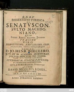 Dissertatio Jvridica De Senatvsconsvlto Macedoniano