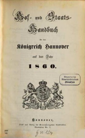 Hof- und Staatshandbuch für das Königreich Hannover. 1860