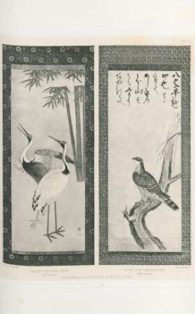 Grues par Soga Sójo (XVe siecle). Buse par Tshiokouvan (XVIe siecle) Kakemonos de la collection de M. Louis Gonse