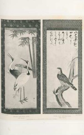 Grues par Soga Sójo (XVe siecle). Buse par Tshiokouvan (XVIe siecle) Kakemonos de la collection de M. Louis Gonse