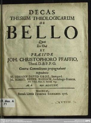 Decas Thesium Theologicarum De Bello