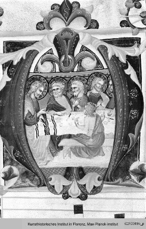 Graduale : Textseite mit Randseitenbordüre, vierzeiligen Neumen und historisierter Initiale M: Abendmahl