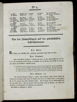 Nro. 1. von den Himmelskörpern und den gewöhnlichen Lufterscheinungen. - Nro. 5. Fortsetzung von der natürlichen oder physischen Eintheilung der Erdkugel.
