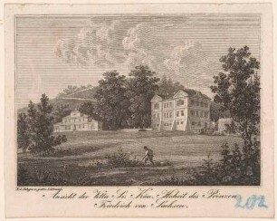Die alte Königliche Villa (Palais) des Königs Friedrich August II. am Weinberg in Wachwitz bei Dresden, links das alte Gärtnerhaus, später Küchenhaus
