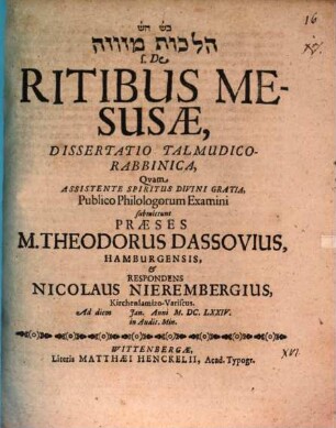 De ritibus Mesurae dissertatio talmudico-rabbinica