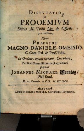 Dispvtatio in prooemivm, libris M. Tullii Cic. de Officiis praemissum