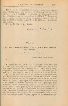 Núm. 91. Carta del P. Francisco Nebot al R. P. Pablo Pastells, Superior de la Misión