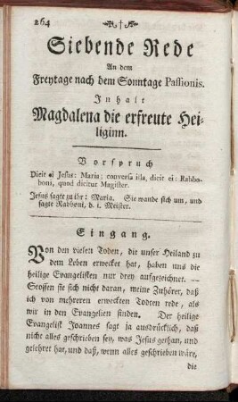 Siebende Rede An dem Freytage nach dem Sonntage Passionis. Inhalt Magdalena die erfreute Heiliginn.