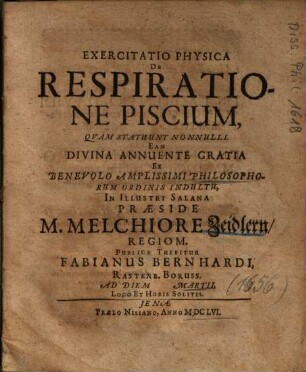 Exercitatio Physica De Respiratione Piscium