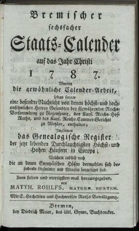 1787: Bremischer sechsfacher Staats-Calender